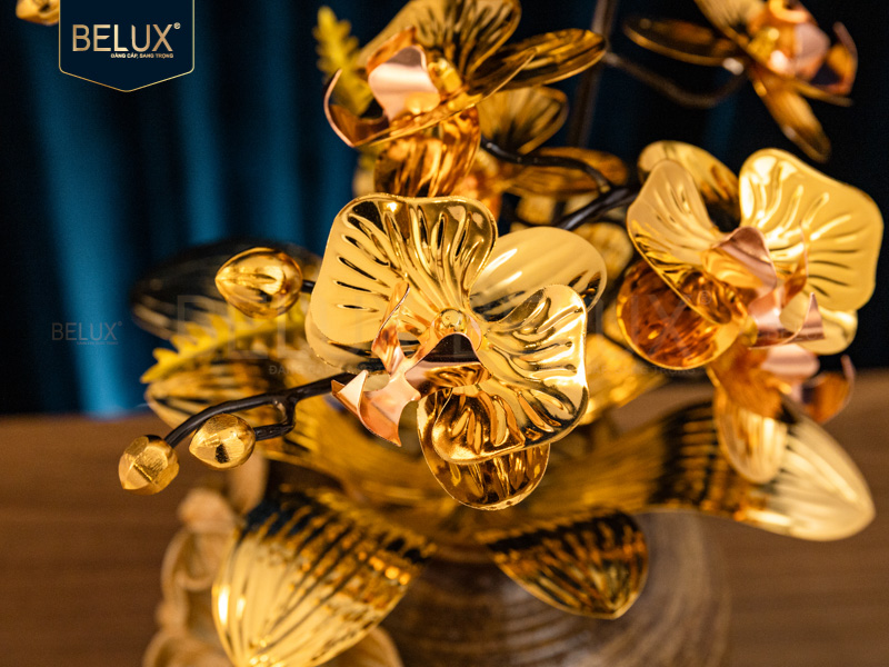 Chậu Lan Vàng Sen Mộc mạ vàng 24k cao 37cm